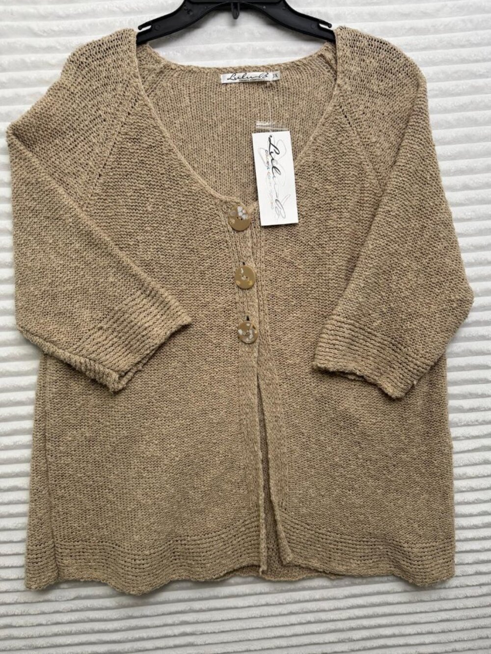 Lulu Three Button Cardigan Sweater Solid Tan Half Sleeve Women's 3X